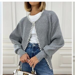 Commence Pearl Trim Ripped Hem Cardigan